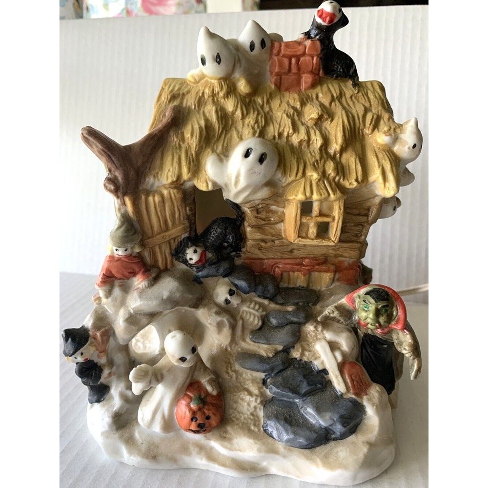 Vtg Dillards Halloween Haunted House Lights Up Ceramic Dracula Ghost Skeleton
